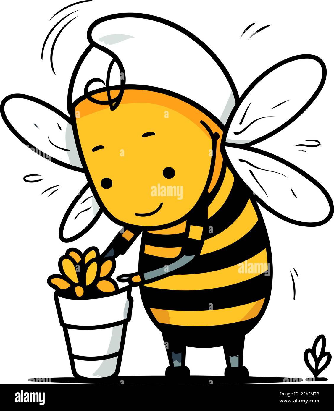 Abeille avec un pot de fleurs. Illustration vectorielle dans le style de bande dessinée. Illustration de Vecteur