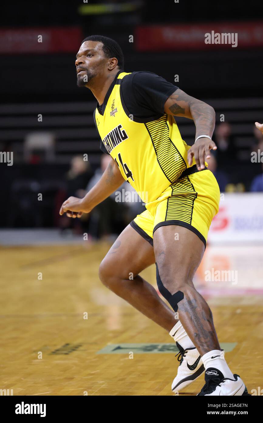 Londres, Canada. 29 janvier 2025. Le Lightning de Londres a battu les Pharaohs de Pontiac 127-116 à Canada Life place. Calvin Godfrey (24 ans) du London Lightning Credit : Luke Durda/Alamy Live News Banque D'Images