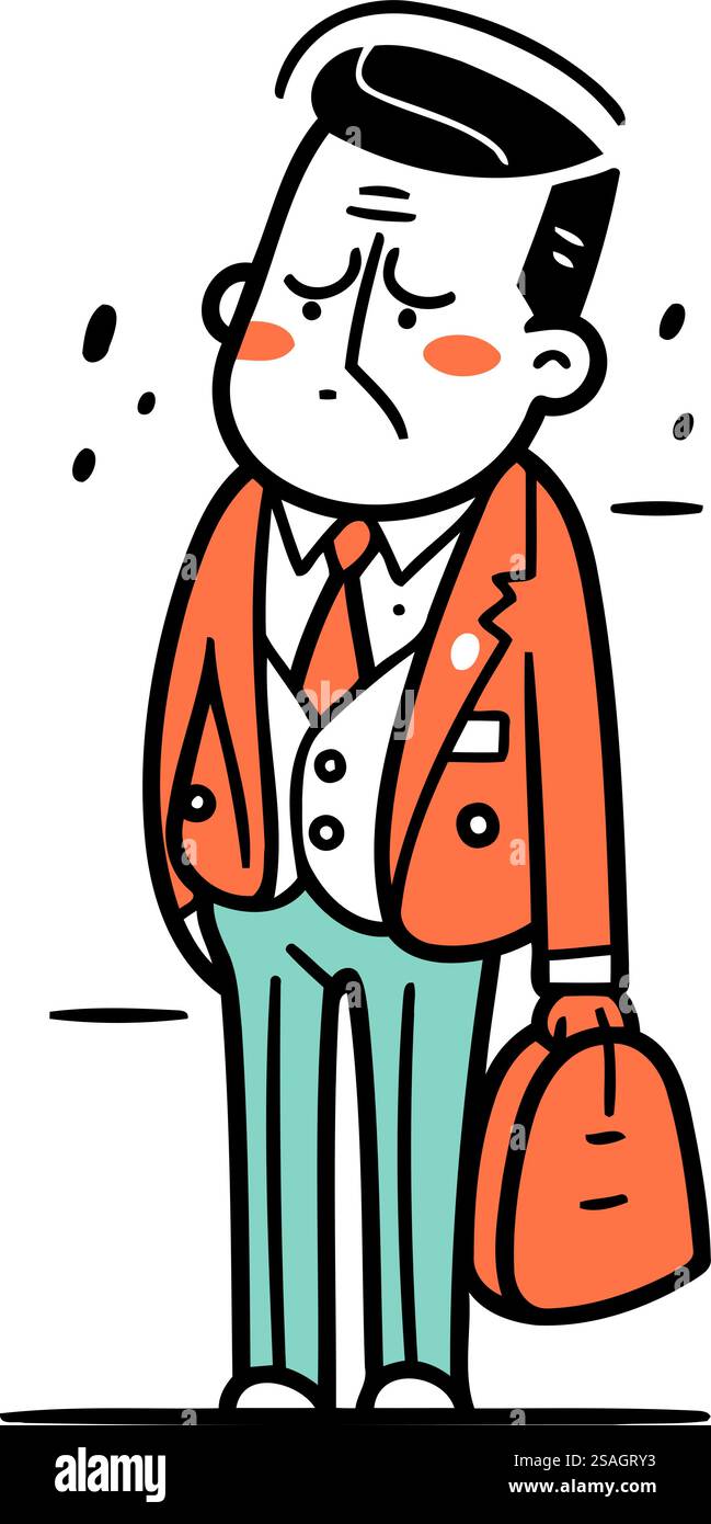 Triste homme senior avec une mallette. Illustration vectorielle dans le style doodle Illustration de Vecteur