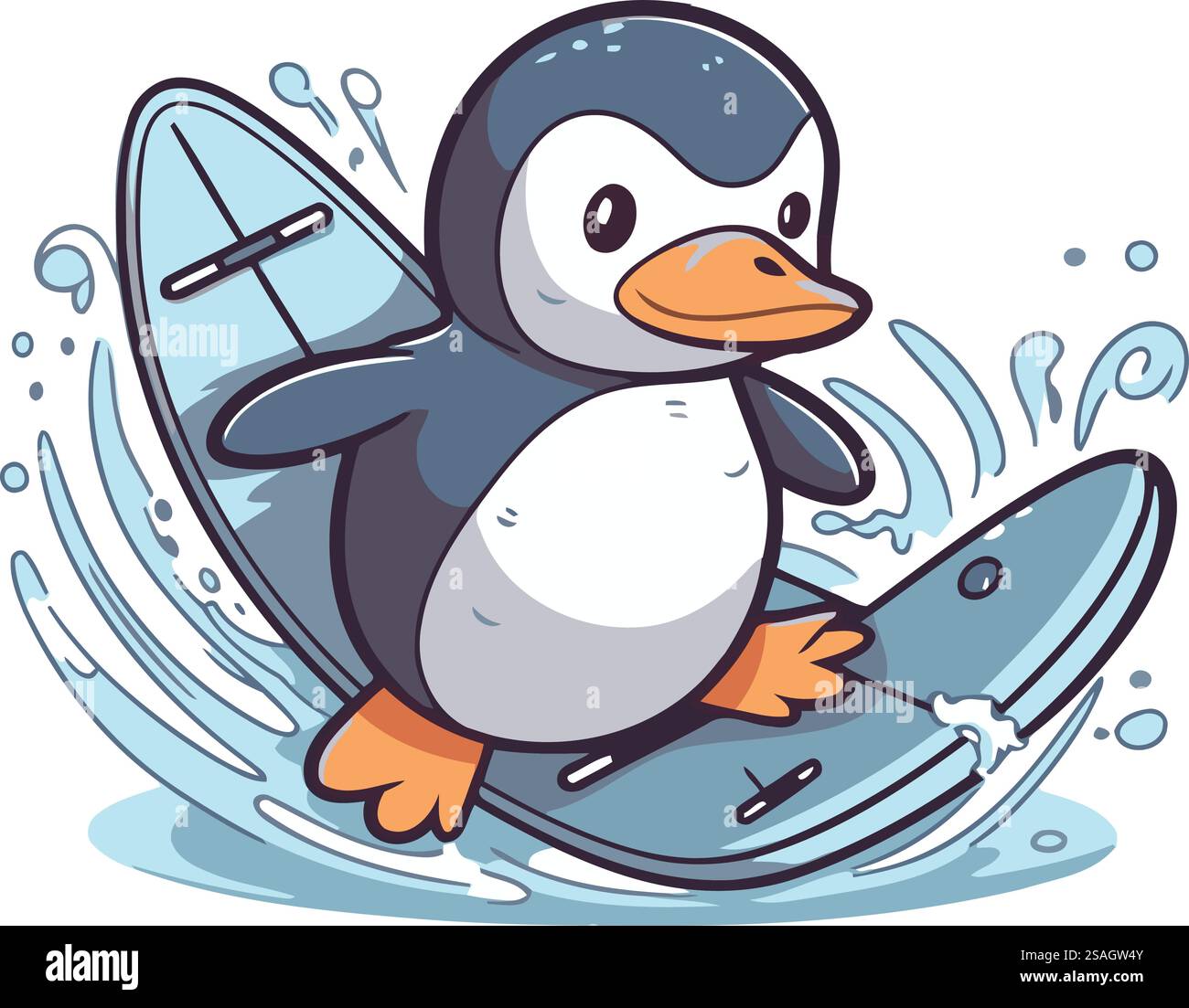 Mignon pingouin sur une planche de surf. Illustration vectorielle isolée sur fond blanc. Illustration de Vecteur