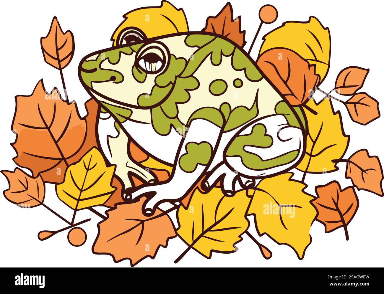 Grenouille avec des feuilles d'automne. Illustration vectorielle d'une grenouille de dessin animé. Illustration de Vecteur