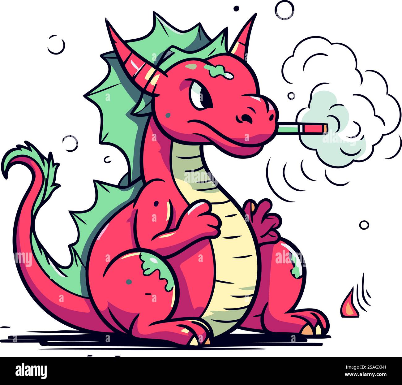 Illustration vectorielle d'un dragon rouge mignon fumant une cigarette. Isolé sur fond blanc. Illustration de Vecteur