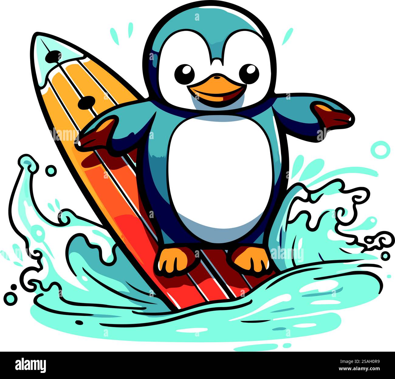 Pingouin mignon avec planche de surf sur la vague. Illustration vectorielle. Illustration de Vecteur