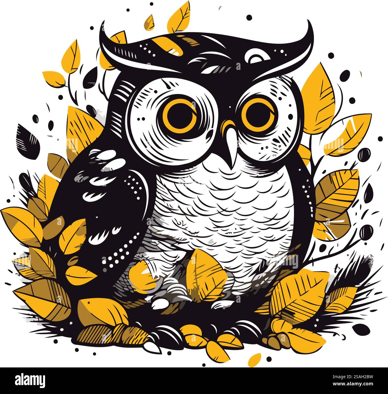 Hibou avec des feuilles d'automne. Illustration vectorielle en noir et blanc pour votre conception Illustration de Vecteur