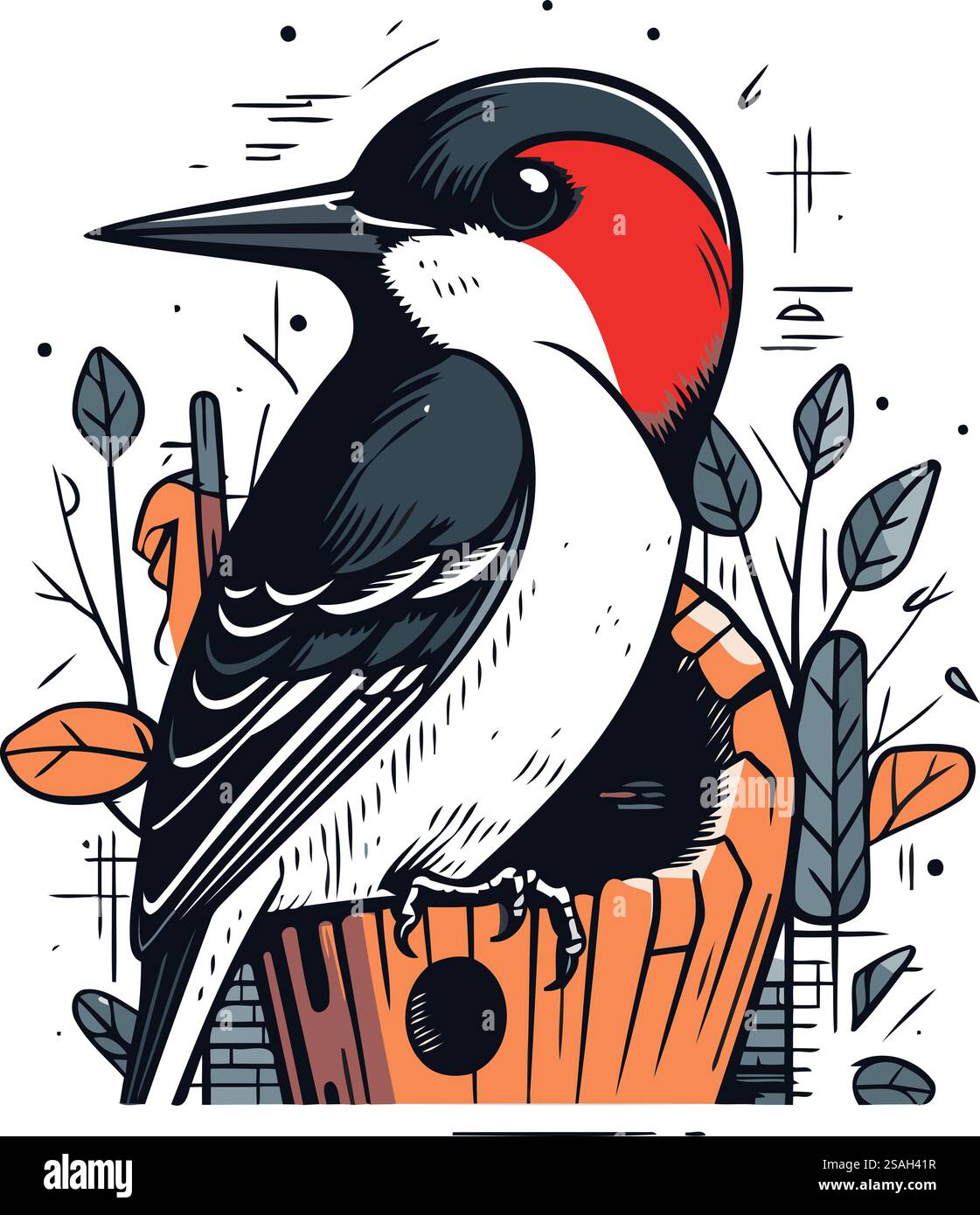 Pic de bois assis sur un pot de fleurs. Illustration vectorielle dessinée à la main. Illustration de Vecteur