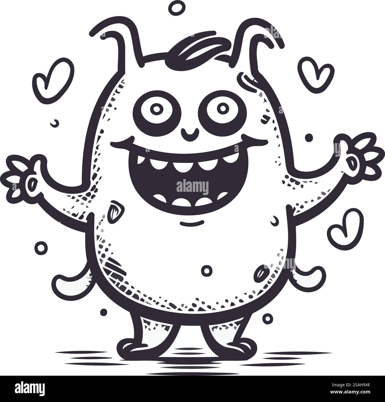 Monstre drôle avec des coeurs. Illustration vectorielle. Noir et blanc. Illustration de Vecteur