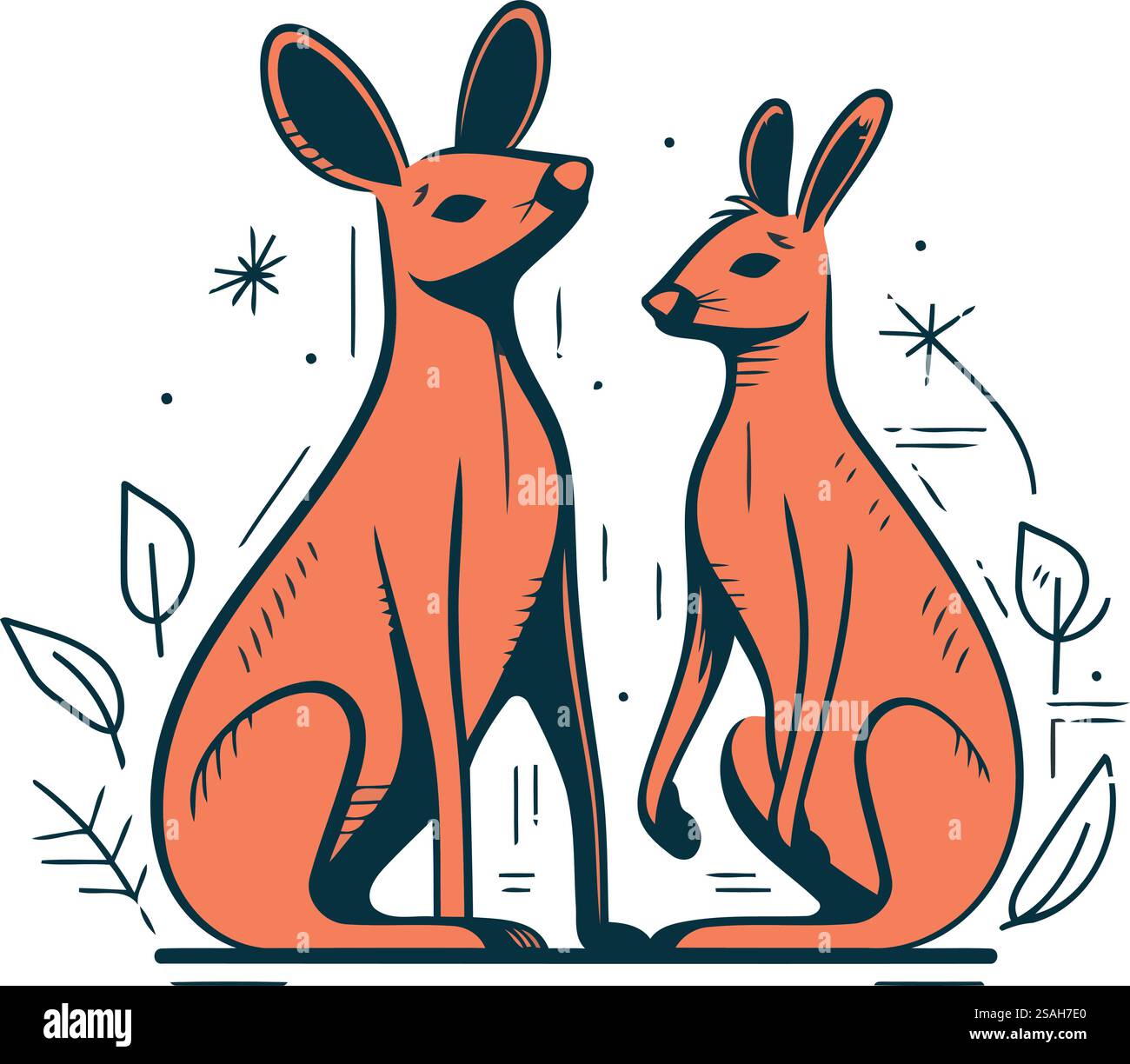 Deux kangourous dans le style d'art de ligne. Illustration vectorielle. Illustration de Vecteur