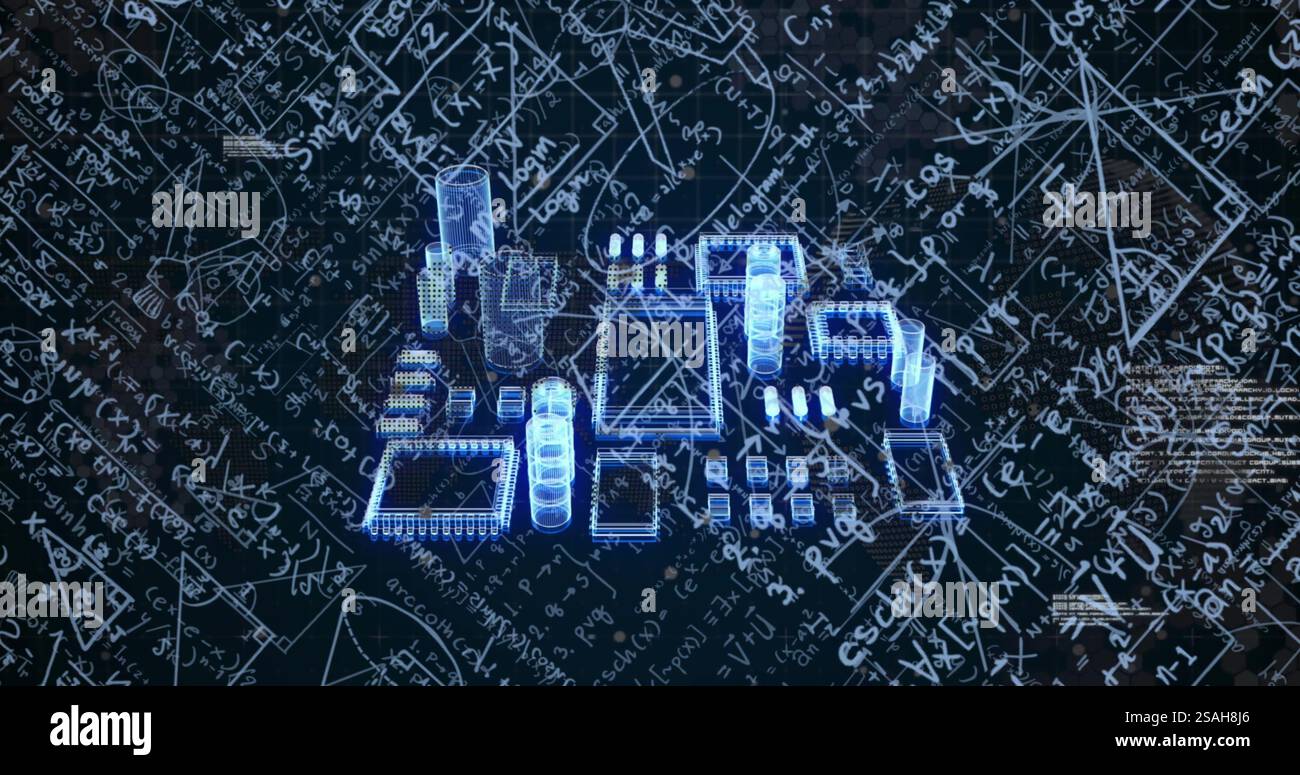 Image d'équations mathématiques sur la carte de circuit imprimé de l'ordinateur sur fond noir Banque D'Images