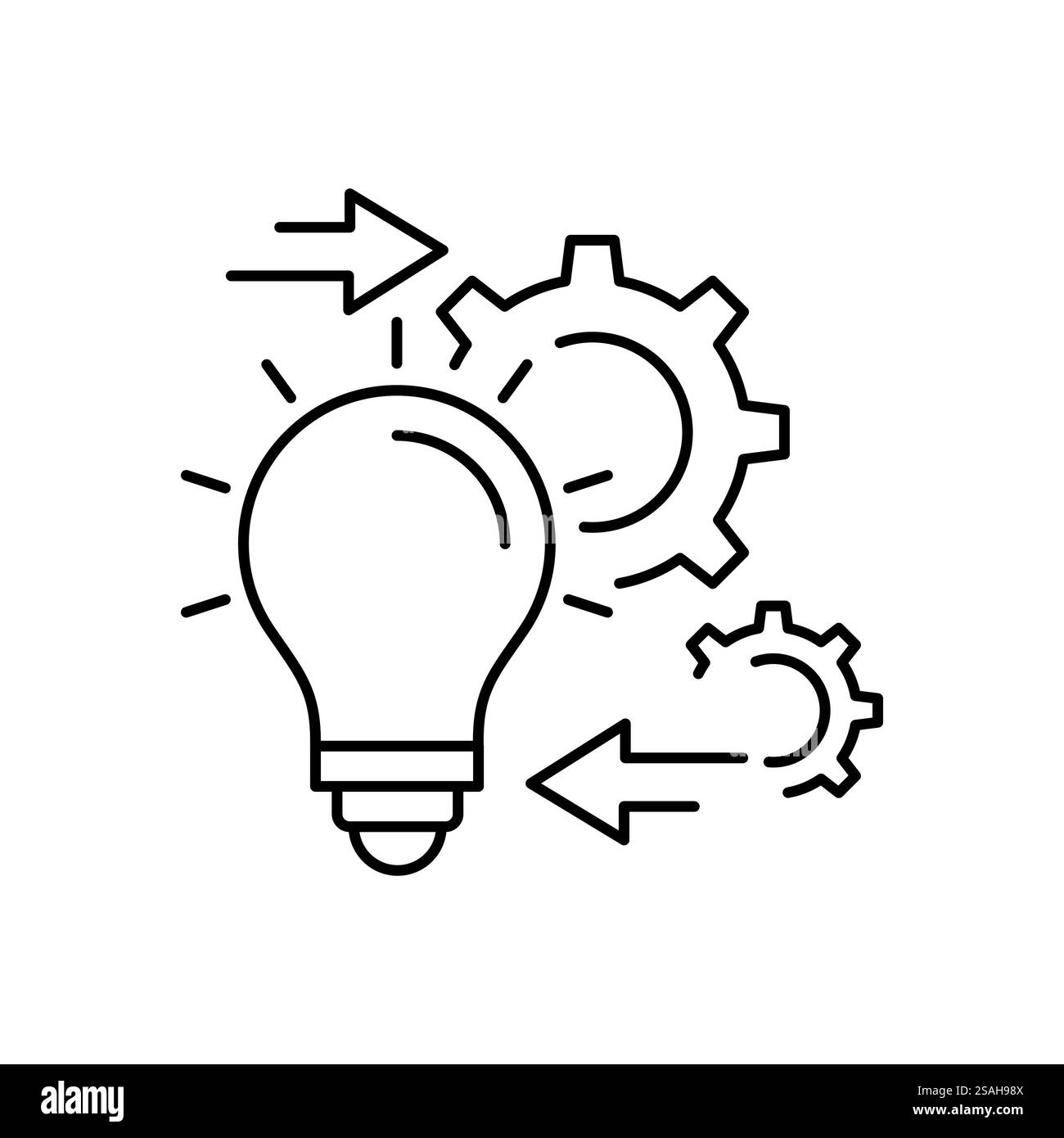 Icône de ligne de vecteur de mise en œuvre, solution exécuter développer, roue dentée de configuration avec ampoule, processus d'analyse d'innovation, prefe d'industrie de succès Illustration de Vecteur