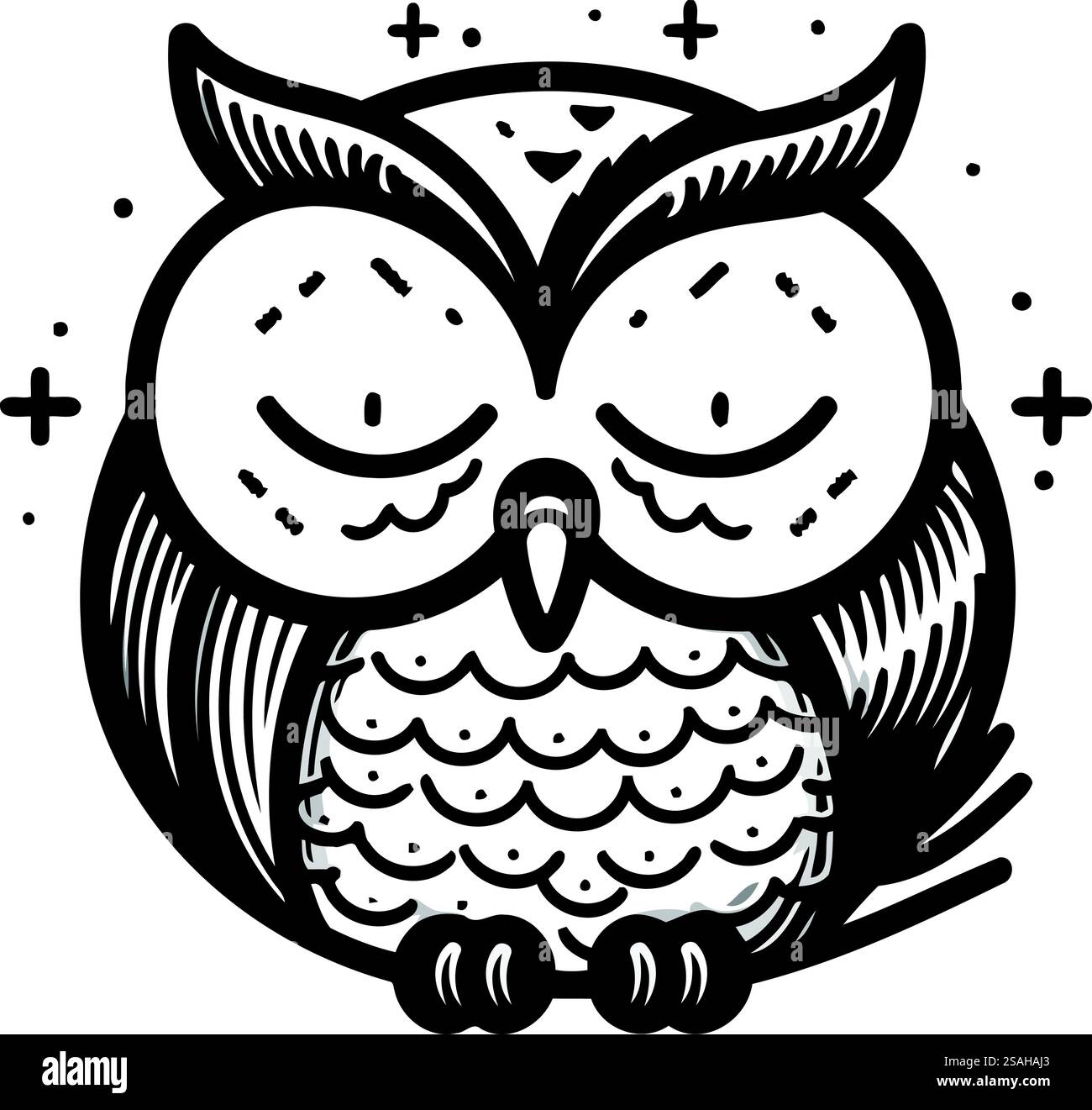 Hibou. Illustration vectorielle en couleurs noir et blanc isolé sur fond blanc. Illustration de Vecteur