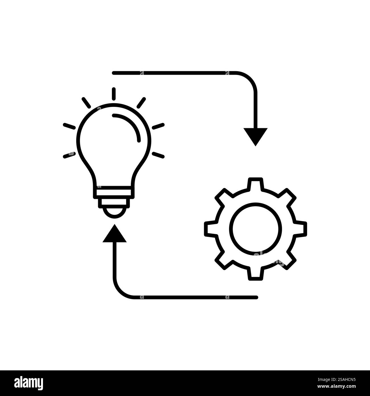 Icône de ligne de vecteur de mise en œuvre, solution exécuter développer, roue dentée de configuration avec ampoule, processus d'analyse d'innovation, prefe d'industrie de succès Illustration de Vecteur