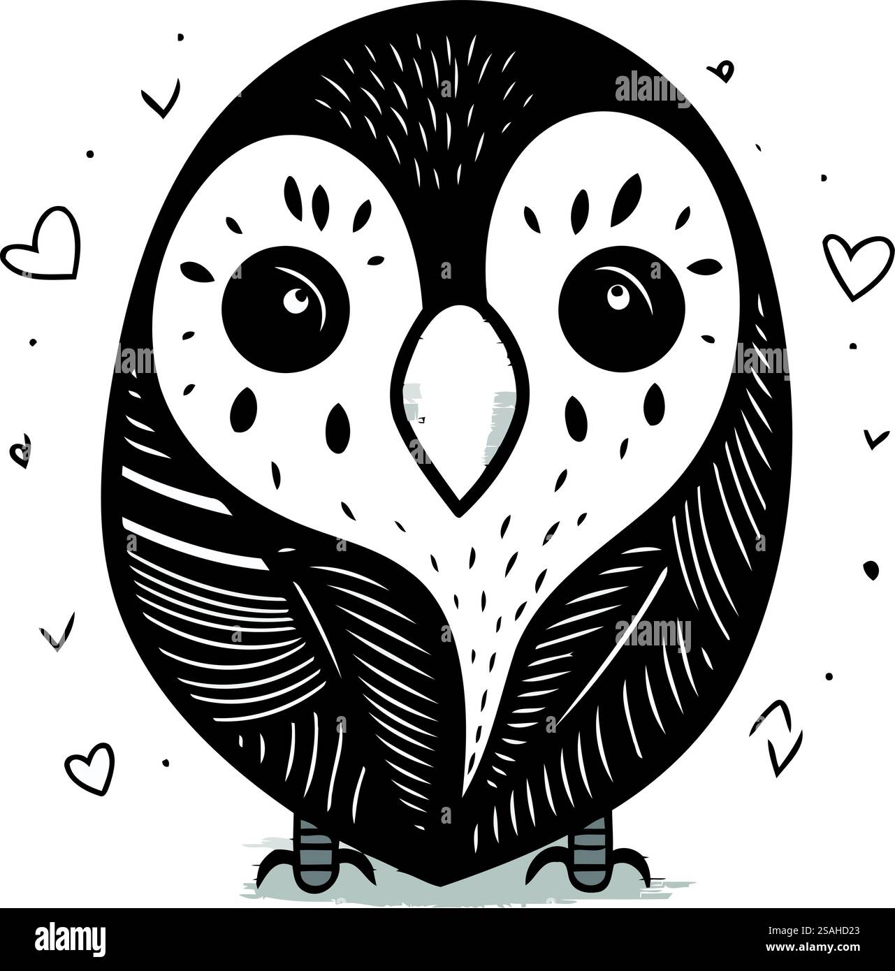 chouette mignonne avec des plumes et des coeurs. illustration vectorielle en noir et blanc Illustration de Vecteur
