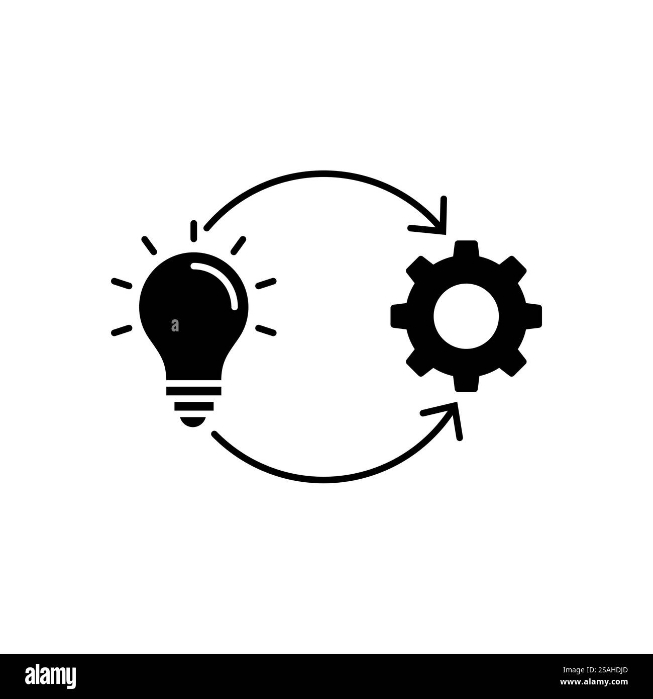 Icône de ligne de vecteur de mise en œuvre, solution exécuter développer, roue dentée de configuration avec ampoule, processus d'analyse d'innovation, prefe d'industrie de succès Illustration de Vecteur