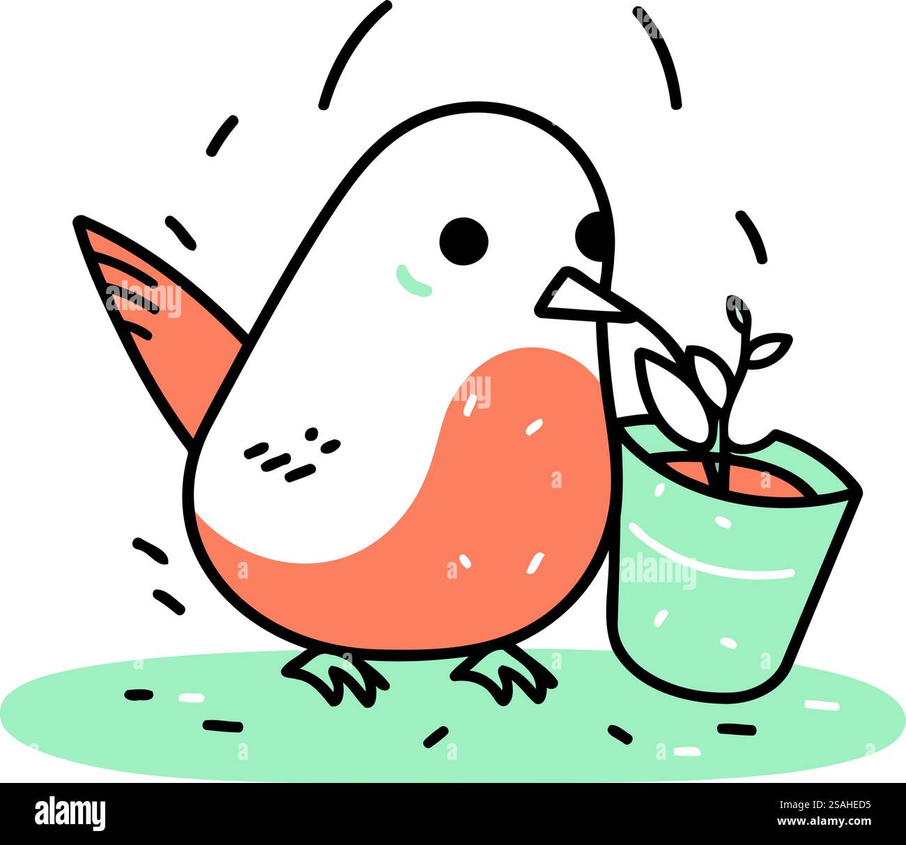 Mignon petit oiseau avec une fleur dans un pot. Illustration vectorielle. Illustration de Vecteur
