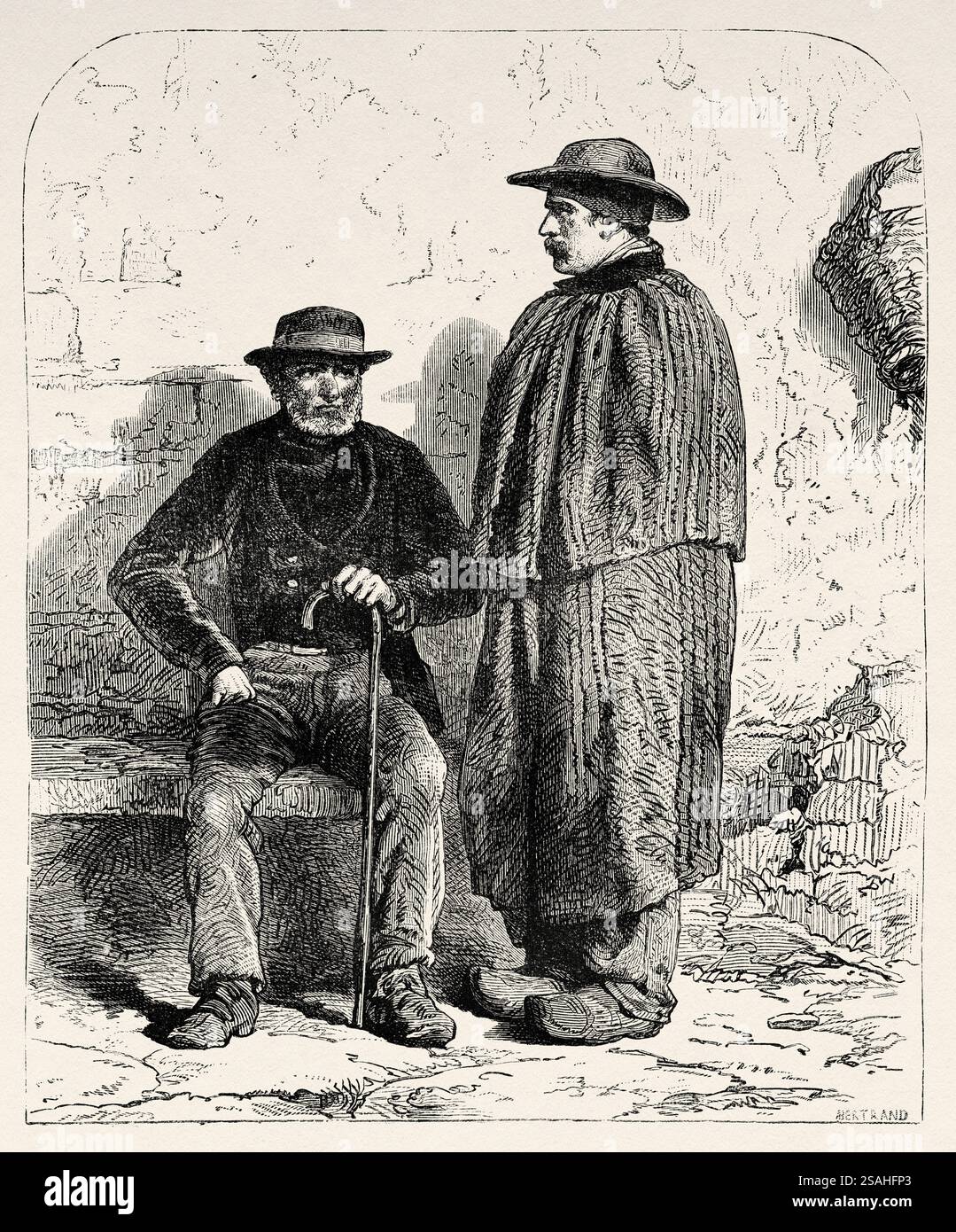 Pierre Lothe et Pere Garnier, maîtres mineurs d’Epinac, France. Europe, dessin d'Alphonse de Neuville (1835-1885) le Creusot et les mines de Saone-et-Loire, 1865 de Louis Laurent Simonin (1830-1886) le Tour du monde 1867 Banque D'Images