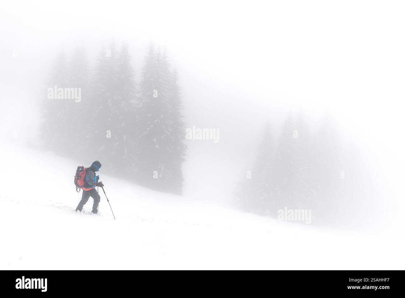 Randonneur enveloppé par le brouillard dans les montagnes, Val Brembana, Lombardie, Italie Banque D'Images