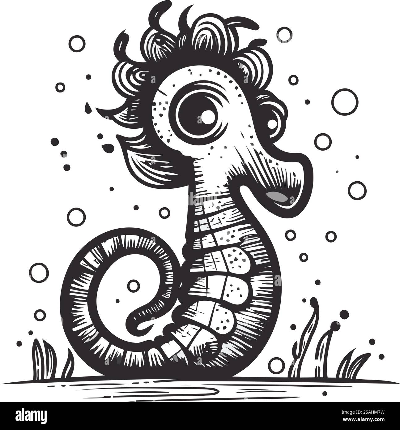 Hippocampe. cheval de mer. Illustration vectorielle en noir et blanc. Illustration de Vecteur