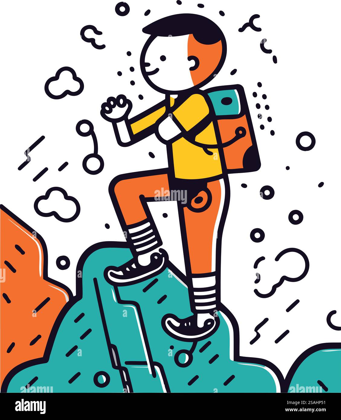 Homme escaladant la montagne. Illustration vectorielle de style dessin de ligne plate. Illustration de Vecteur