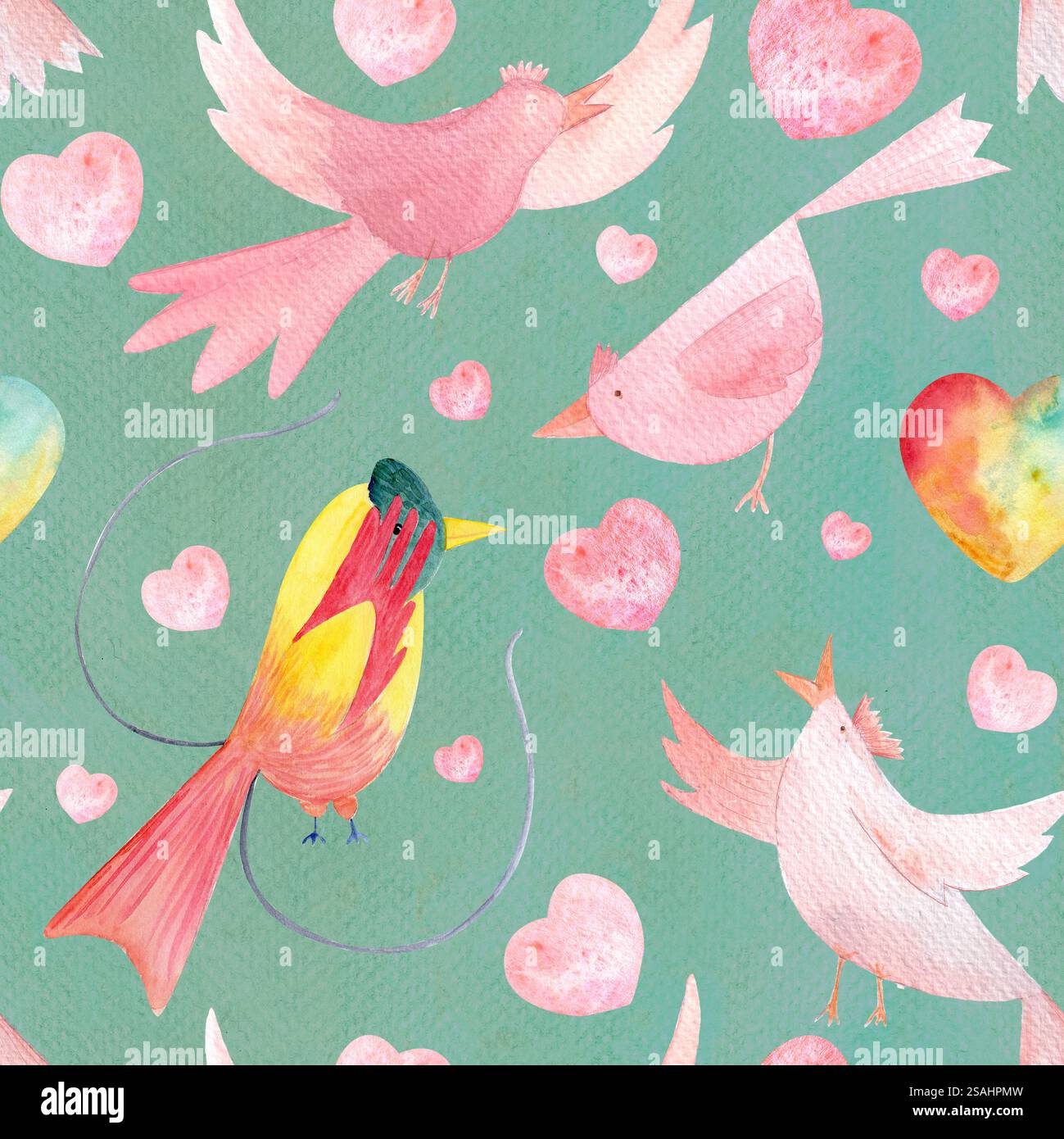 Oiseaux de paradis sont tombés amoureux des personnages de dessins animés, des coeurs peints à la main à l'aquarelle sans couture illustration sur turqouise. Parfait pour les cartes, les enfants Banque D'Images