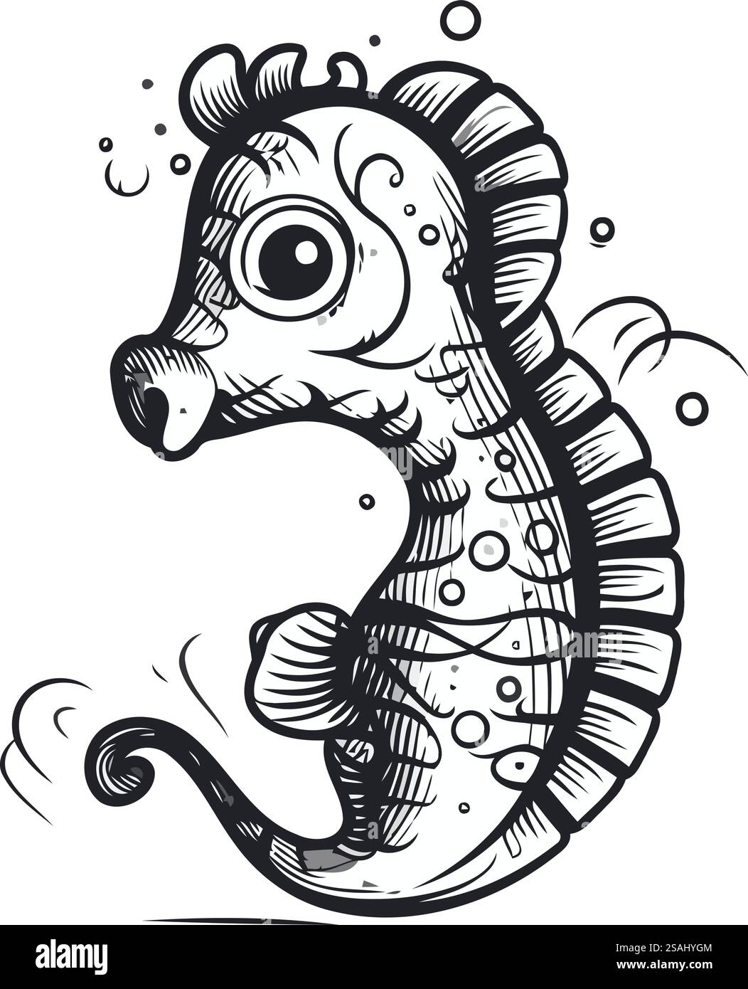 Hippocampe. Cheval de mer. Illustration vectorielle en noir et blanc. Illustration de Vecteur