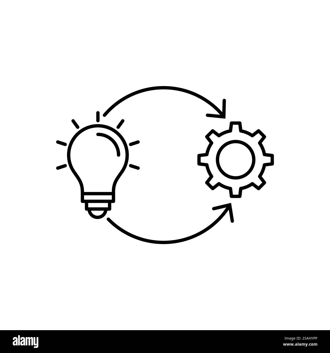 Icône de ligne de vecteur de mise en œuvre, solution exécuter développer, roue dentée de configuration avec ampoule, processus d'analyse d'innovation, prefe d'industrie de succès Illustration de Vecteur