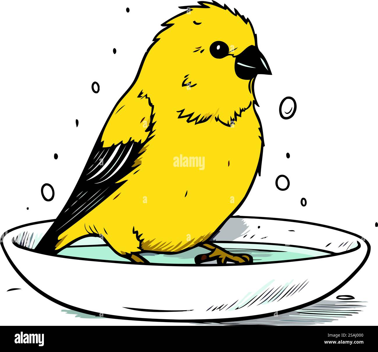 illustration d'un canari jaune dans un bol d'eau. Illustration de Vecteur