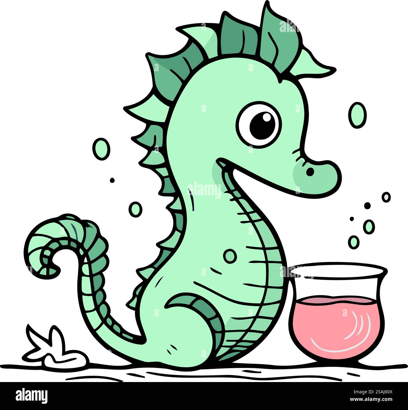 Hippocampe mignon de dessin animé avec un verre de vin. Illustration vectorielle. Illustration de Vecteur