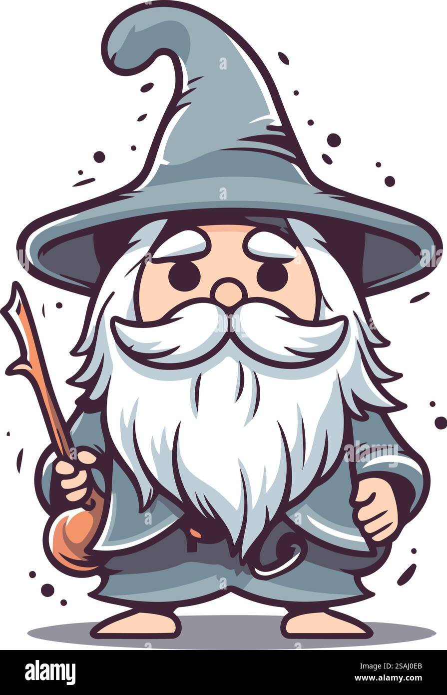 Magicien de dessin animé avec baguette magique. Illustration vectorielle isolée sur fond blanc. Illustration de Vecteur