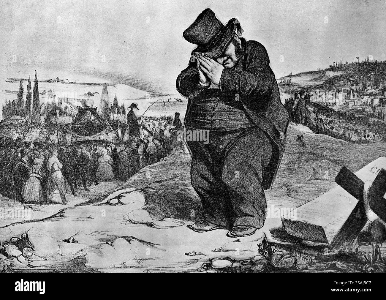 Lithographie par Daumier. Satire sur les funérailles de Lafayette, 1834. Atmosphère triste, sauf pour la figure centrale, un entrepreneur (Louis Philippe I) qui frotte Banque D'Images