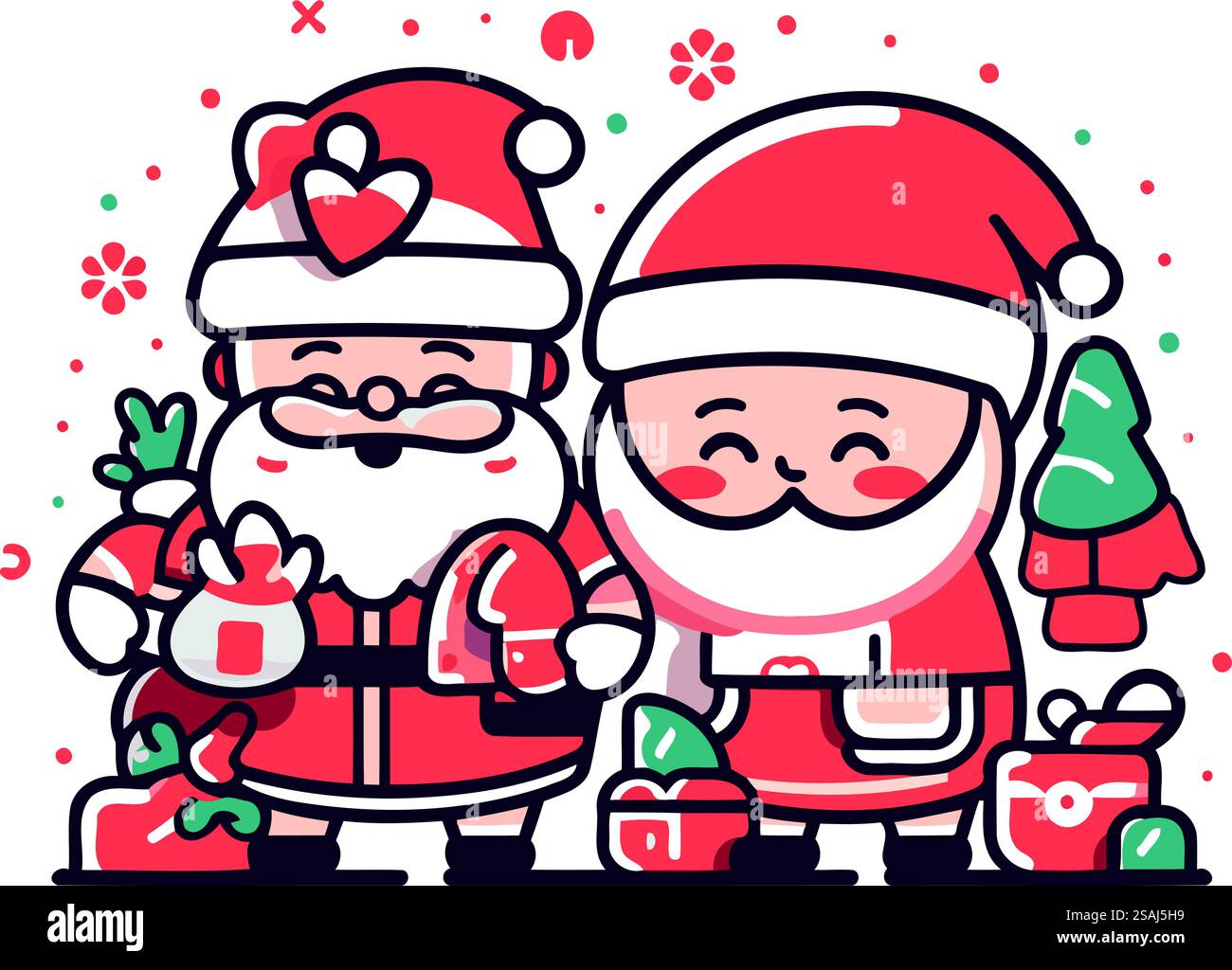 Mignon père noël de dessin animé et elfe avec des cadeaux de noël. Illustration vectorielle. Illustration de Vecteur