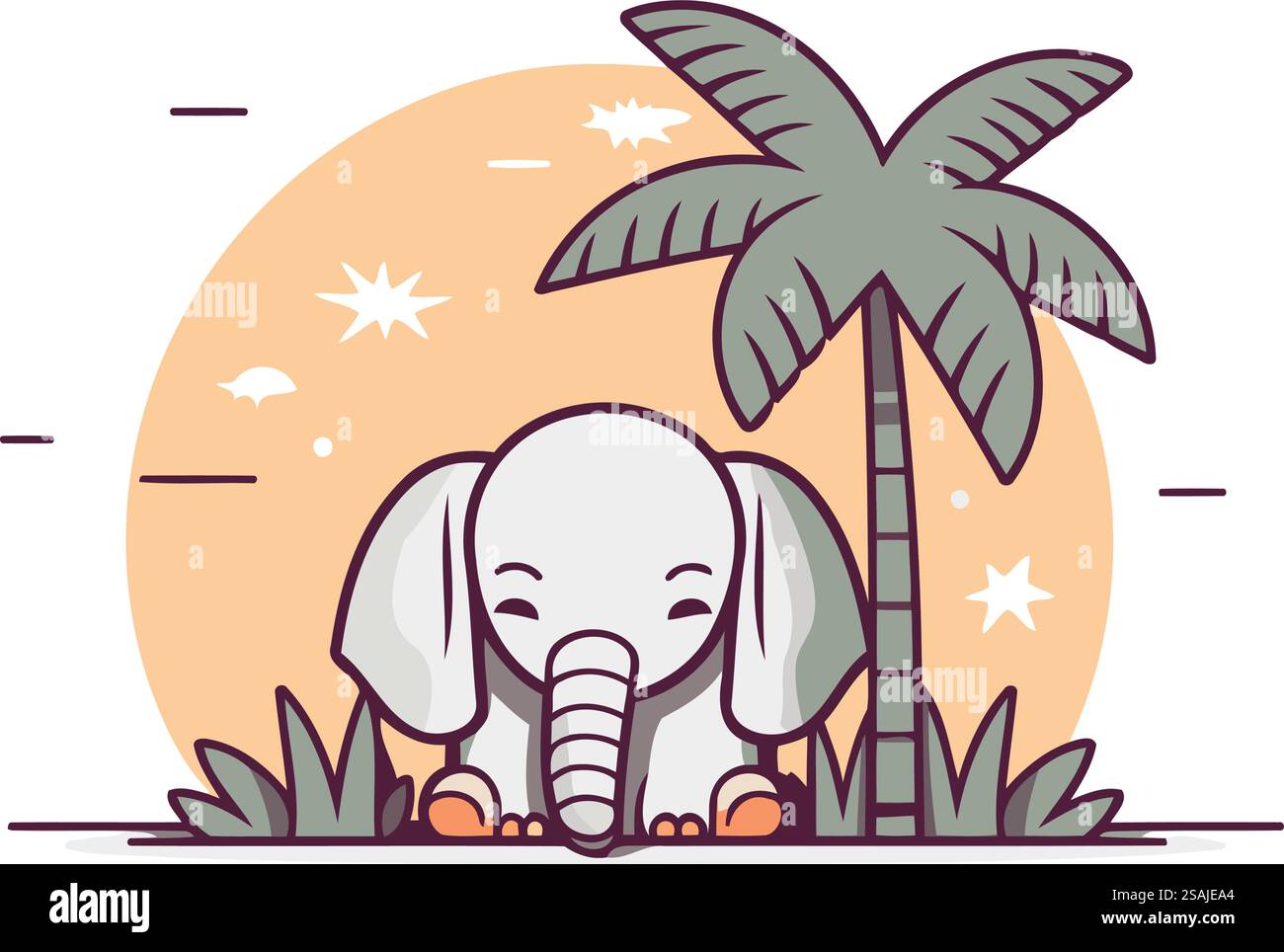 Mignon éléphant et palmier. Illustration vectorielle dans le style plat. Illustration de Vecteur