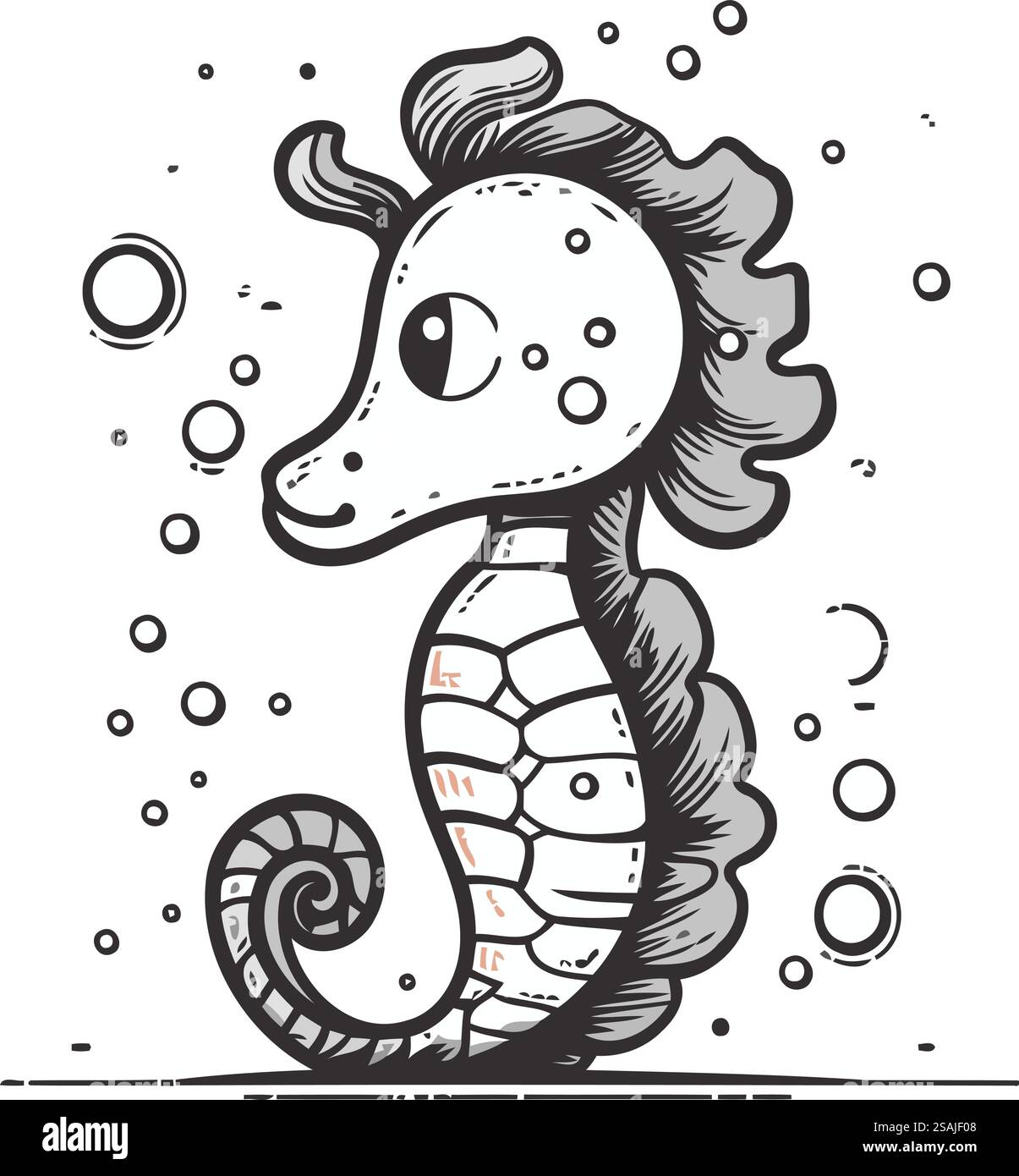 Hippocampe. Animal marin. Illustration vectorielle en noir et blanc. Illustration de Vecteur