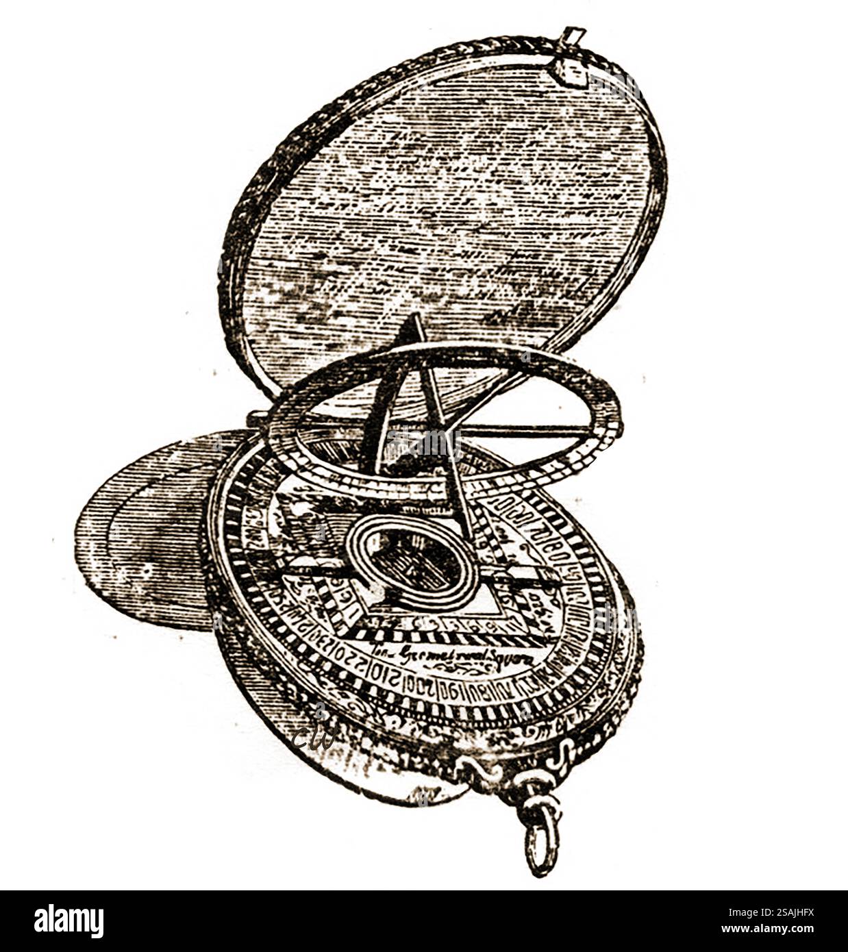 Illustration du XIXe siècle montrant l'Astrolabe utilisé par Francis Drake. Ces instruments astronomiques multifonctionnels et peuvent être utilisés pour dire l'heure, pour mesurer la longueur du jour et de la nuit, pour examiner le mouvement des corps célestes et pour l'arpentage et même à des fins astrologiques. Sir Francis Drake (c. 1540 – 1596) était un explorateur et corsaire anglais connu pour sa circumnavigation du monde. Surnommé El Draque (le Dragon), il est député britannique Banque D'Images