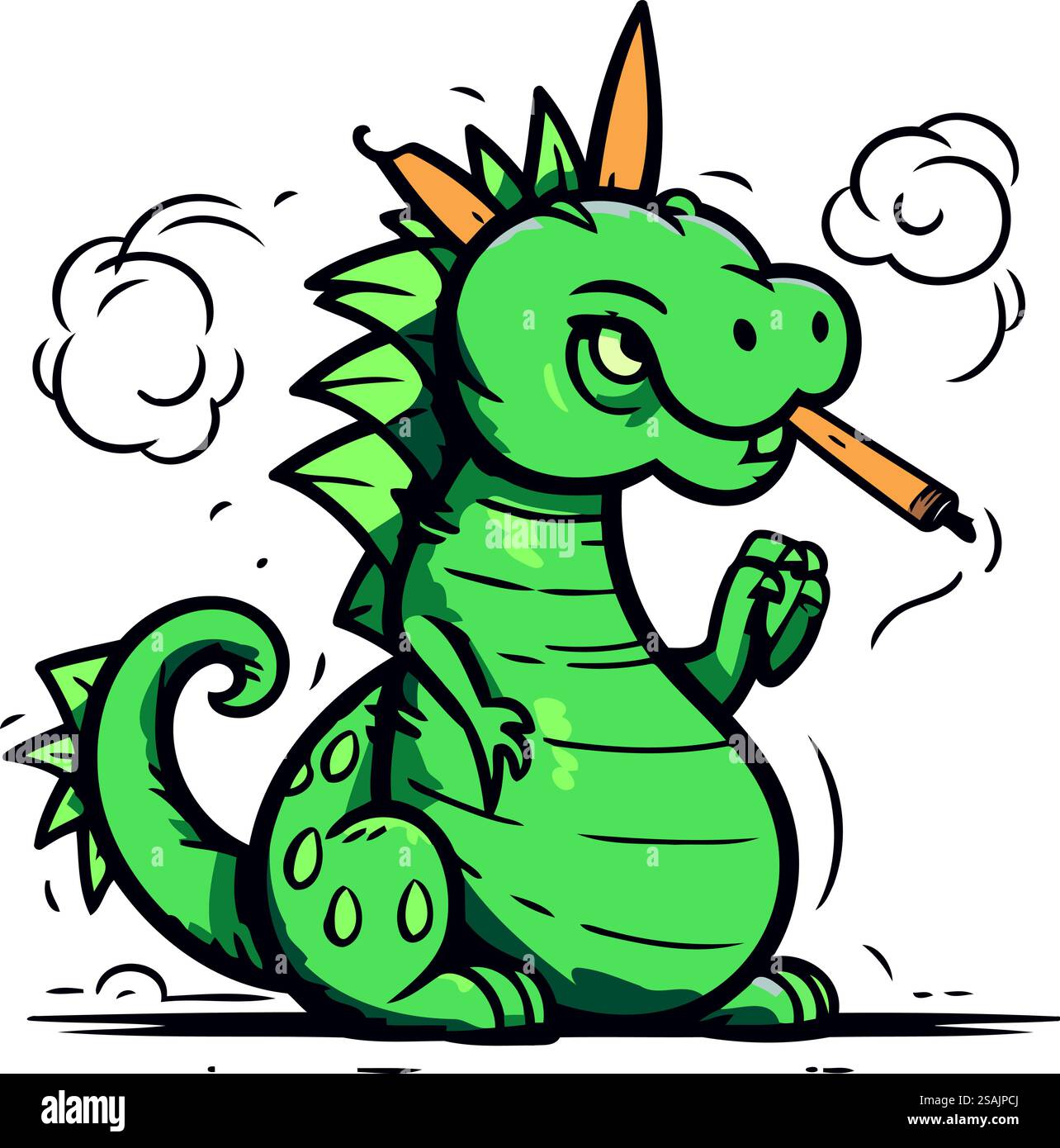 Dragon de dessin animé fumant un cigare. Illustration vectorielle. Isolé sur fond blanc. Illustration de Vecteur