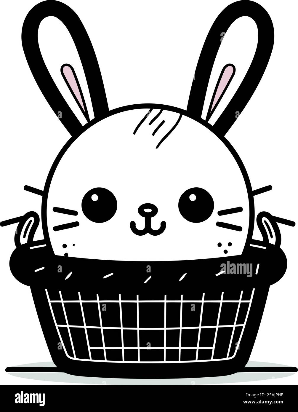 Mignon lapin dans le panier. Illustration vectorielle. Noir et blanc. Illustration de Vecteur