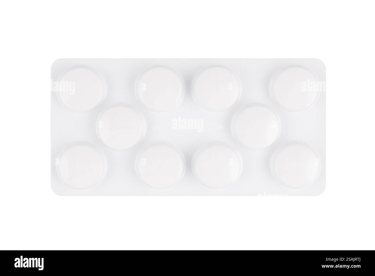 comprimés de pilules blanches en blister isolé sur fond blanc. Banque D'Images