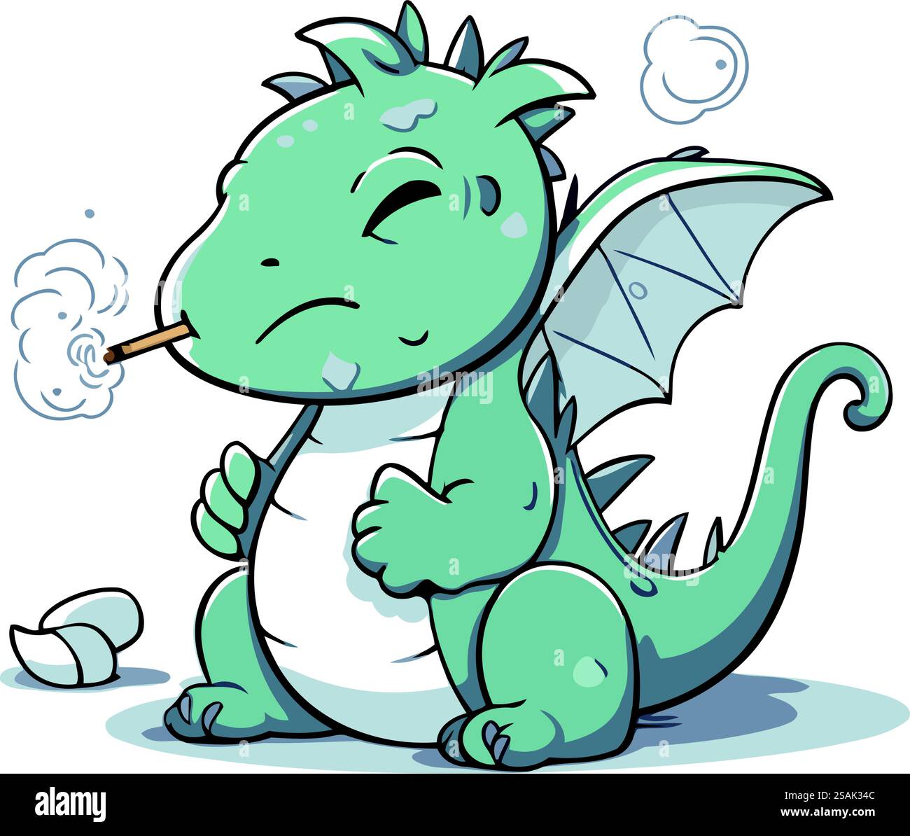 Mignon dragon de dessin animé fumant une cigarette. Illustration vectorielle isolée sur fond blanc. Illustration de Vecteur