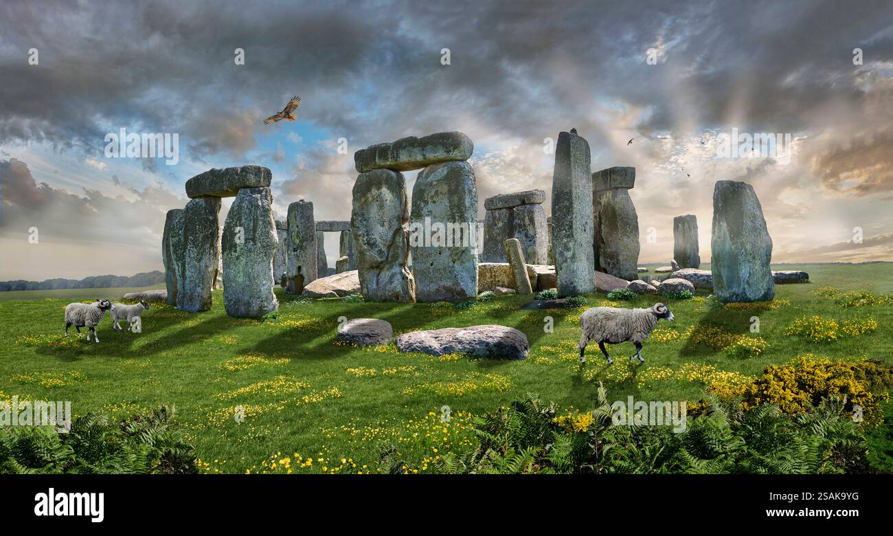 Photo de Stonehenge néolithique monument de cercle de pierre debout préhistorique, Salisbury Plain dans le Wiltshire, Angleterre. Banque D'Images