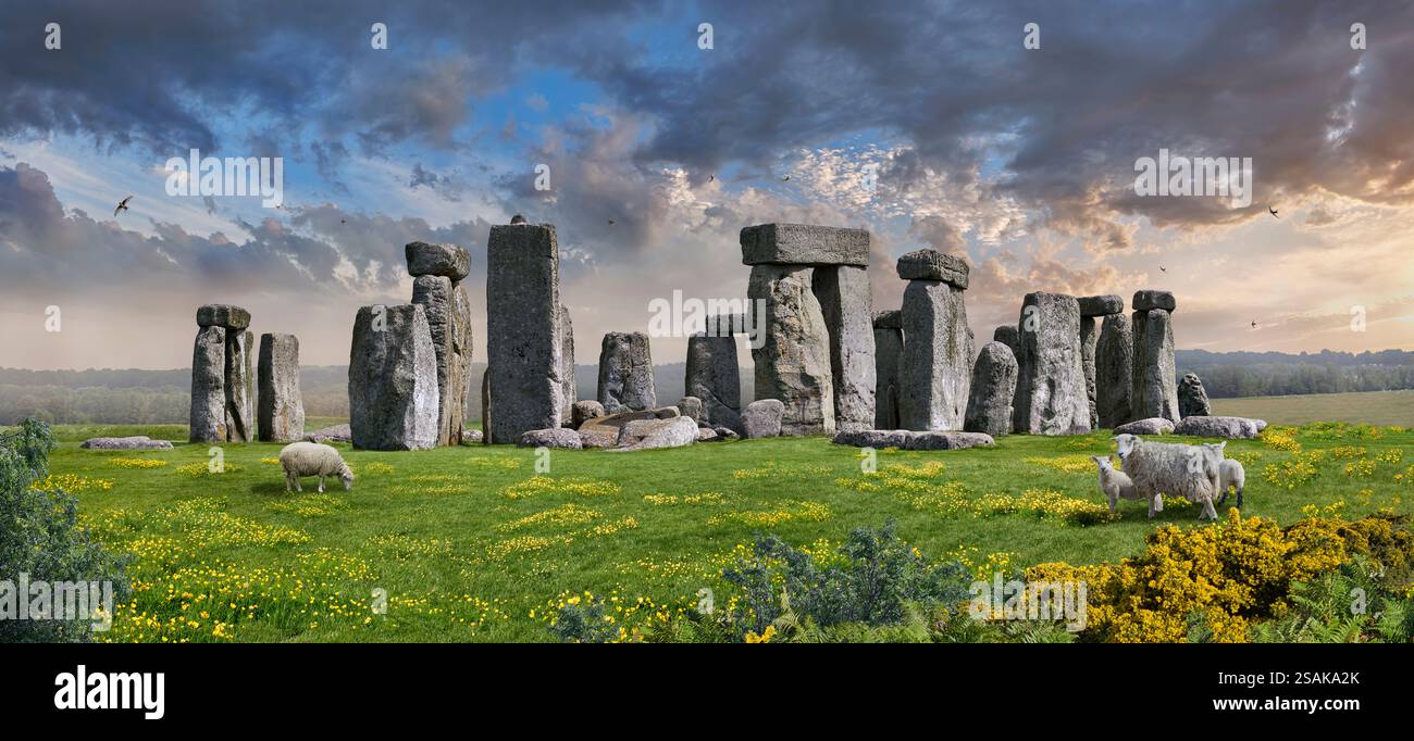 Photo de l'emblématique monument de cercle de pierre préhistorique de Stonehenge, célèbre dans le monde entier, Salisbury Plain dans le Wiltshire, Angleterre. Banque D'Images