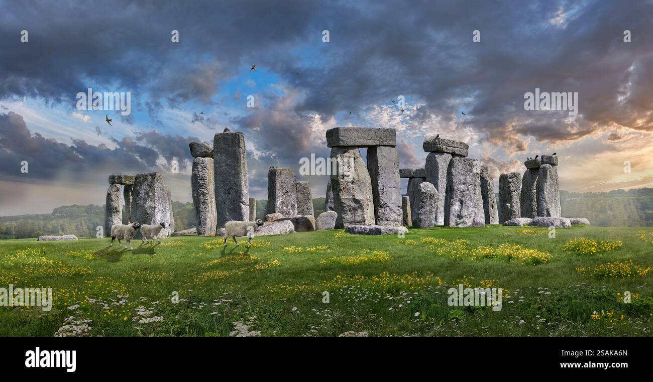 Photo de l'emblématique monument de cercle de pierre préhistorique de Stonehenge, célèbre dans le monde entier, Salisbury Plain dans le Wiltshire, Angleterre. Banque D'Images
