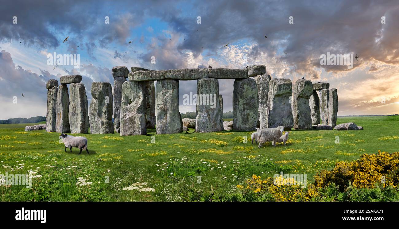 Photo de l'emblématique monument de cercle de pierre préhistorique de Stonehenge, célèbre dans le monde entier, Salisbury Plain dans le Wiltshire, Angleterre. Banque D'Images