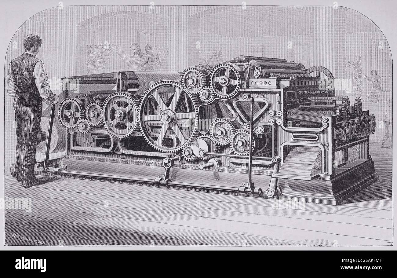 Illustration tirée de Appletons' cyclopaedia of Applied Mechanics, vol. 2, publiée en 1880 à New York par D. Appleton & Company. Vue en perspective de la presse rotative Scott, fabriquée par Messrs. C. Potter, Jr. & Co. de New York, avec son opérateur debout. Banque D'Images