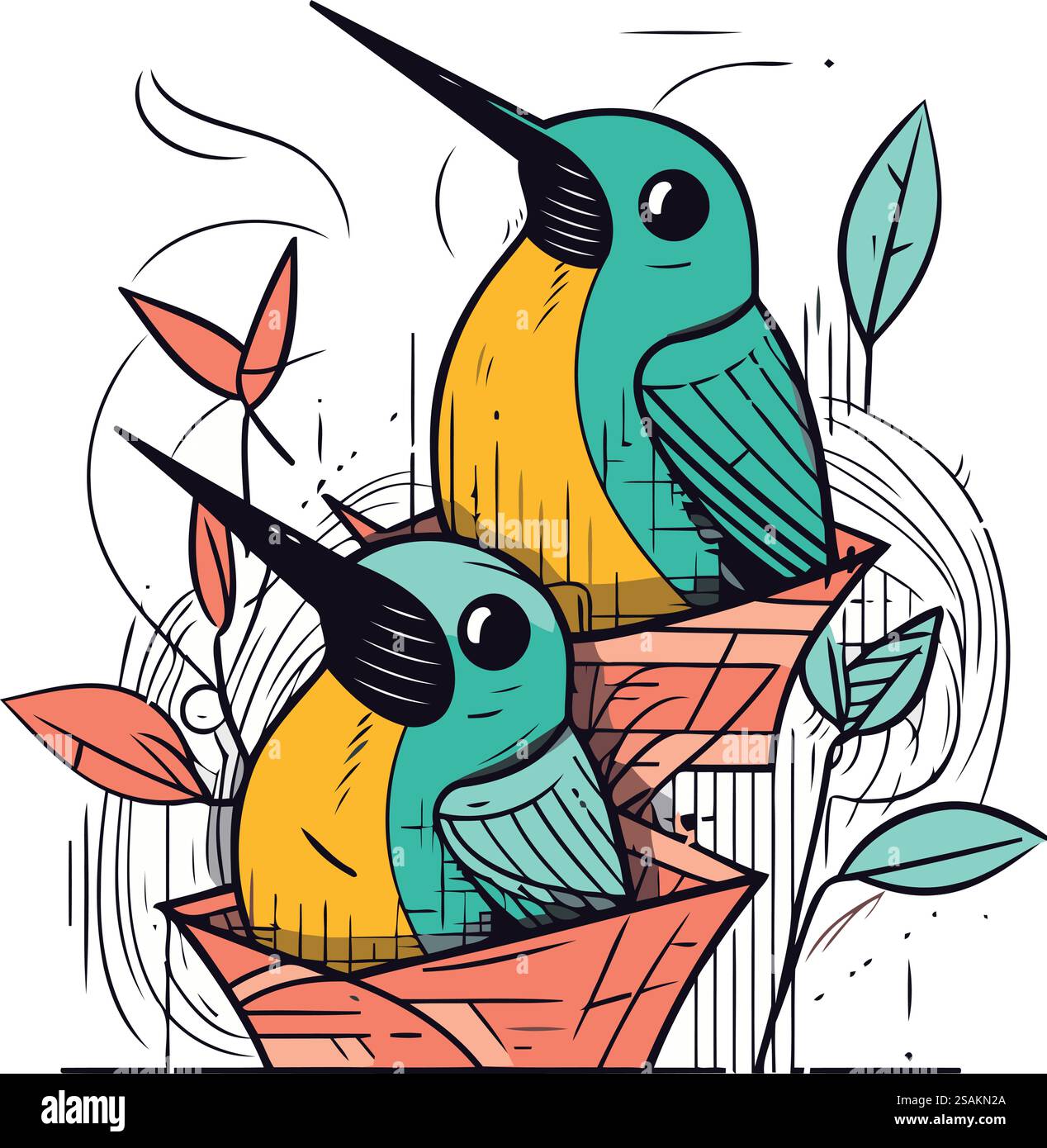 Illustration vectorielle de deux oiseaux assis dans un pot de fleurs sur le fond de feuilles. Illustration de Vecteur