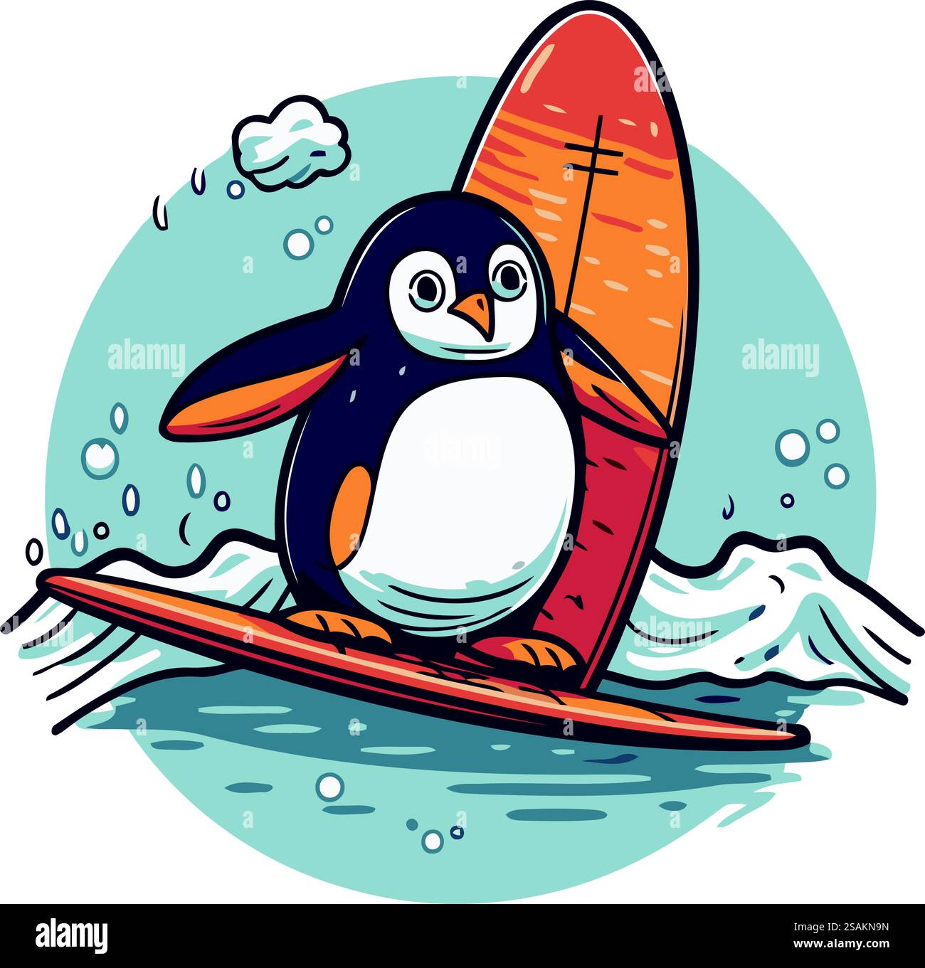Mignon pingouin surfant sur la vague. Illustration vectorielle dans le style de bande dessinée. Illustration de Vecteur