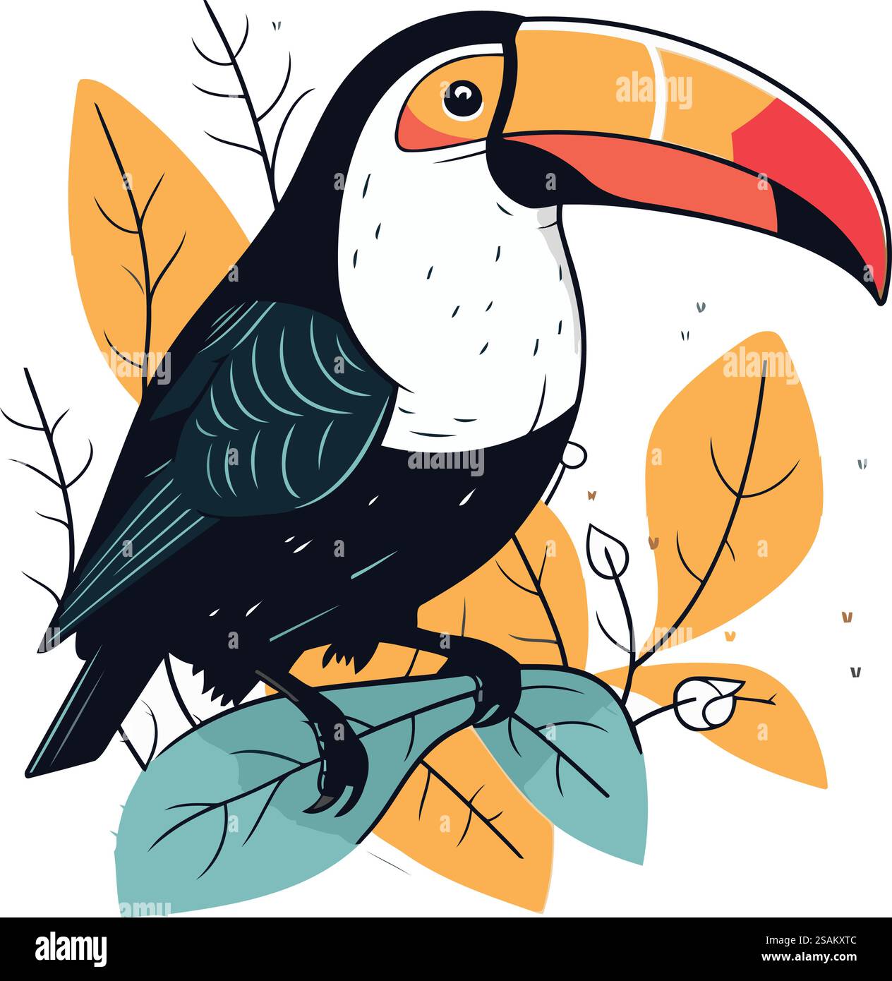 Oiseau toucan assis sur une branche avec des feuilles. illustration vectorielle Illustration de Vecteur
