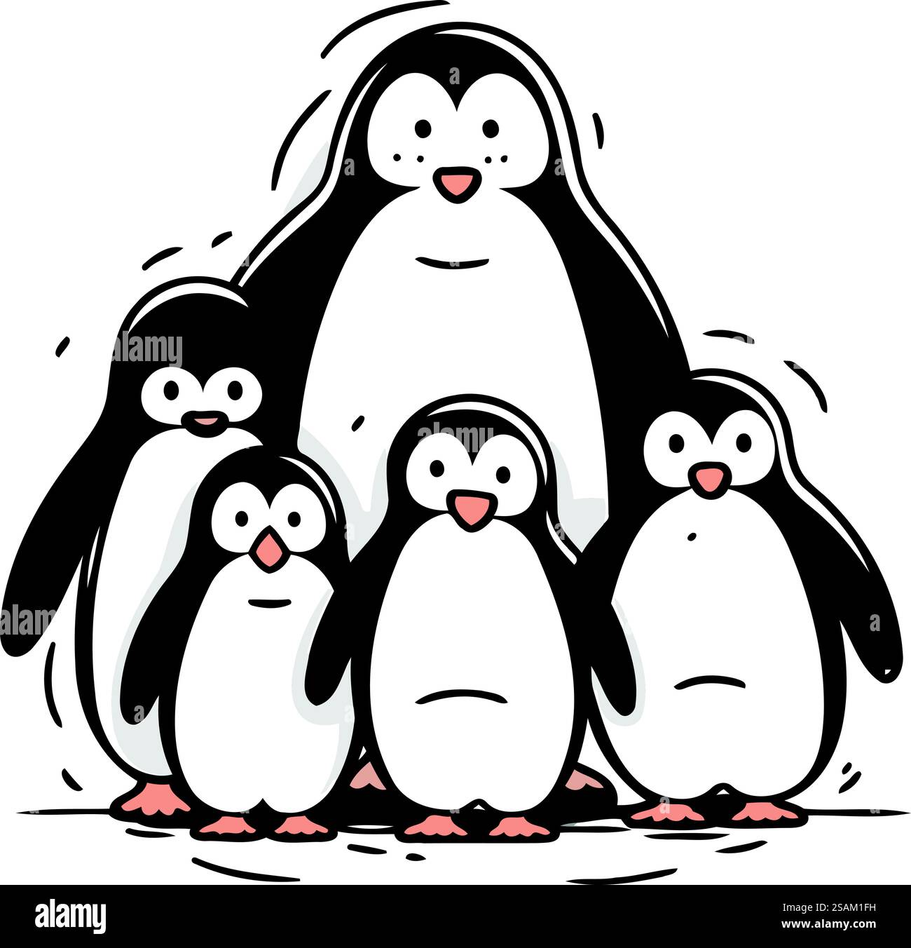 Famille Penguin. Illustration vectorielle en noir et blanc sur fond blanc. Illustration de Vecteur
