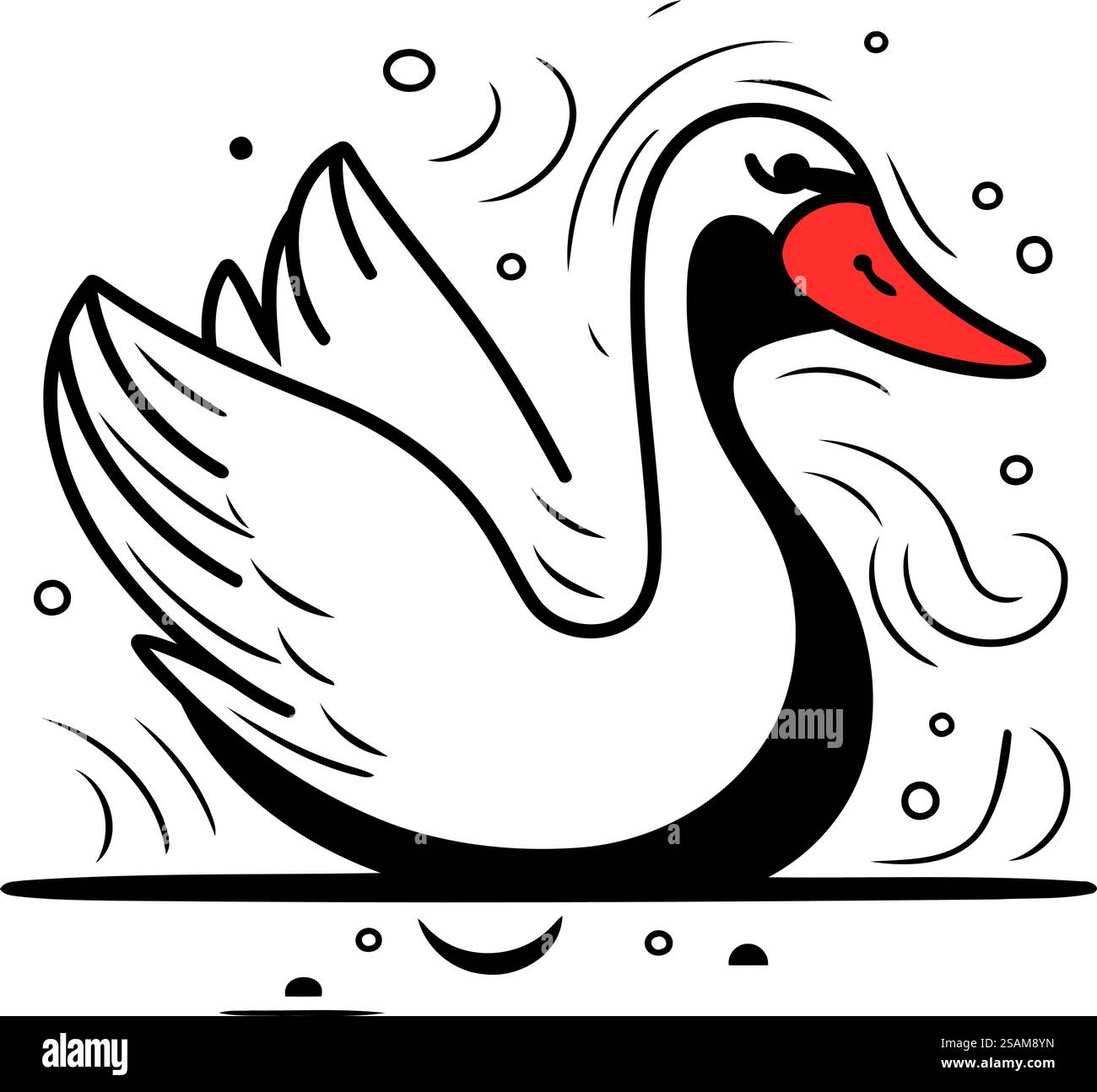 Cygne nageant dans la mer. Illustration vectorielle en noir et blanc. Illustration de Vecteur