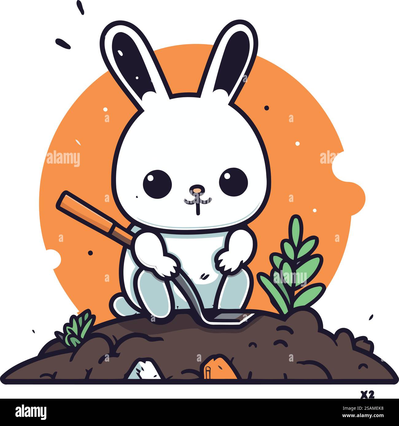 Mignon lapin de bande dessinée avec pelle dans le jardin. Illustration vectorielle. Illustration de Vecteur