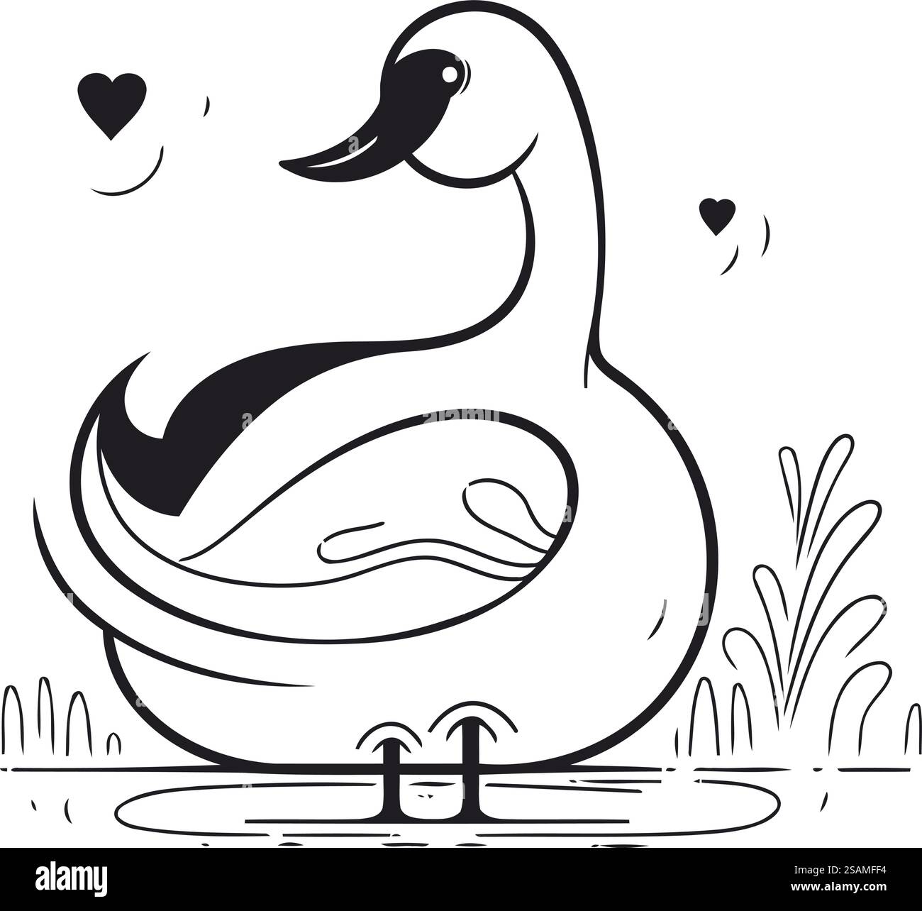 Illustration vectorielle en noir et blanc d'un cygne nageant dans un étang. Illustration de Vecteur