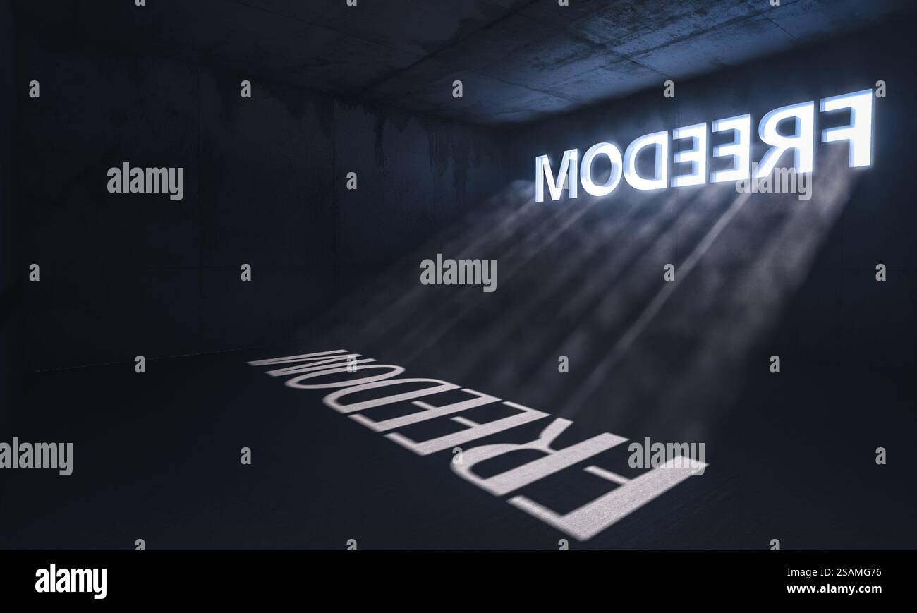 Concept de liberté projeté de la pièce sombre à l'étage 3D. Banque D'Images